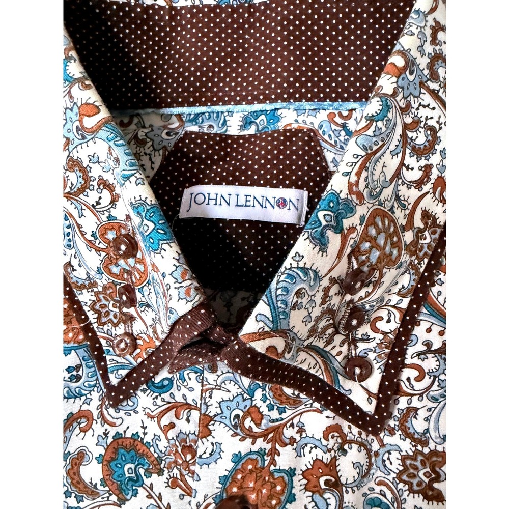 John Lennon Mens Floral Paisley Button Down Shirt Blue Brown Long Sleeve 3XL - Picture 5 of 10